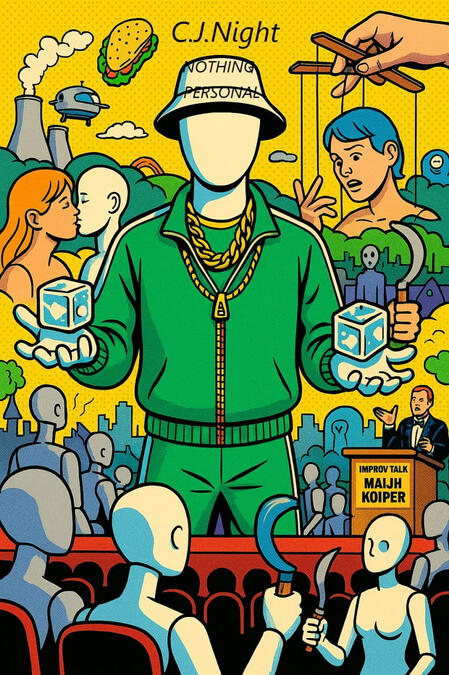 "Nothing Personal. Just Business." Step into the spotlight with Maiji Kuiper — cult-leader, corporate prophet, part-time guru and full-time charlatan — as he delivers deranged sermons on success, identity, fame, kids, sports, and the slow, monetized death of the human soul. This is not sel